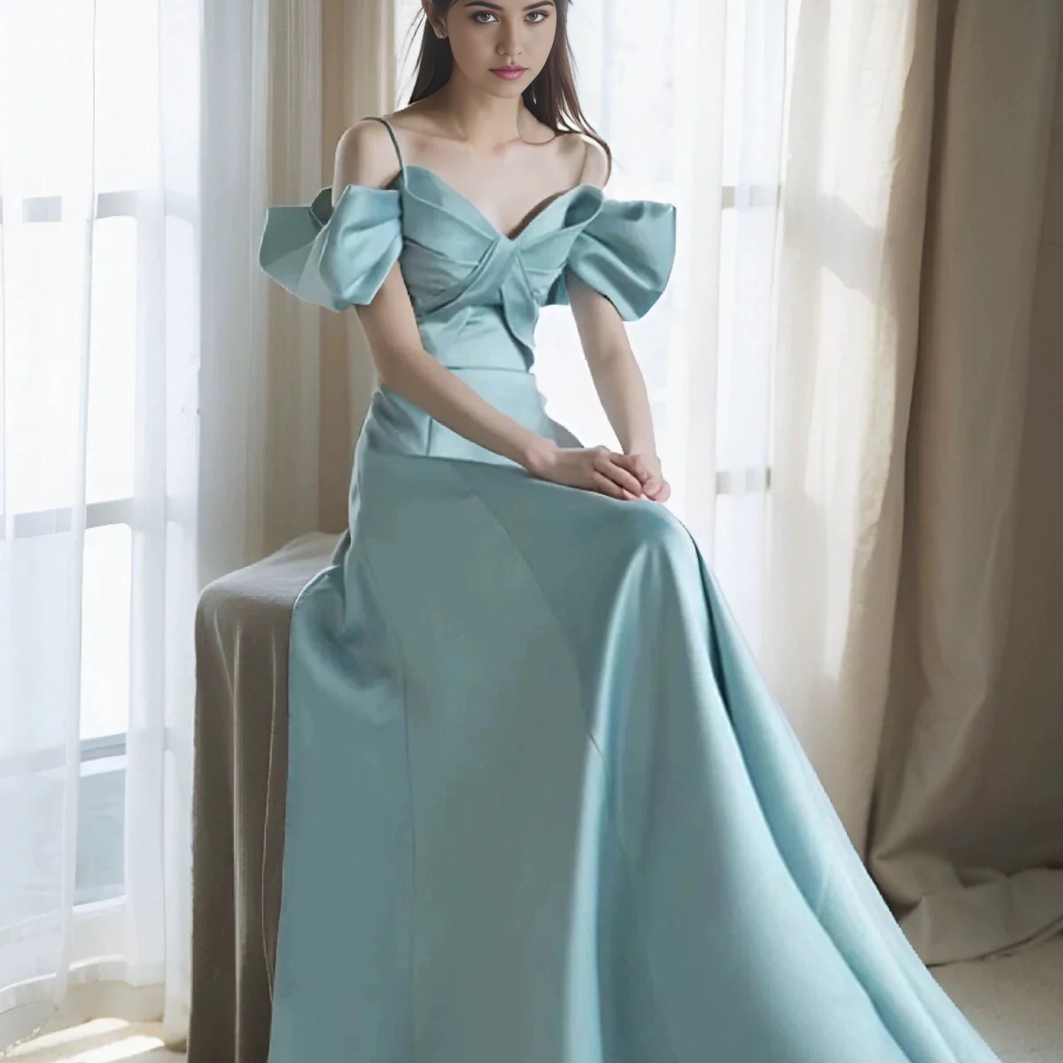 Sky Blue Formal Dress Chic Spaghetti Straps Stretch Satin Floor Length Formal Dress With Split