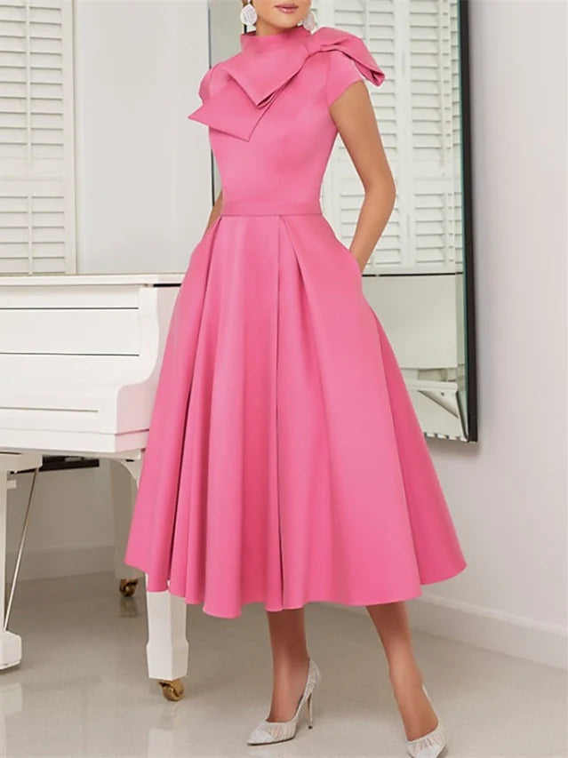 A-Line/Princess V-Neck Taffeta Prom Dresses Bowknot Vintage 80s Iridescent Dress Short Sleeves Tea-Length