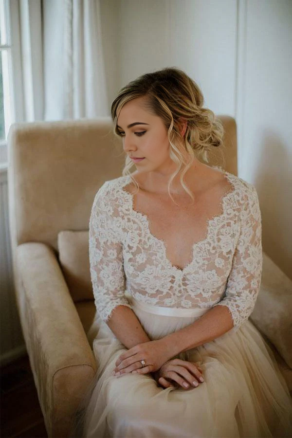 Rustic Tulle V-neck Half Sleeves A-line Wedding Gown TWA4012