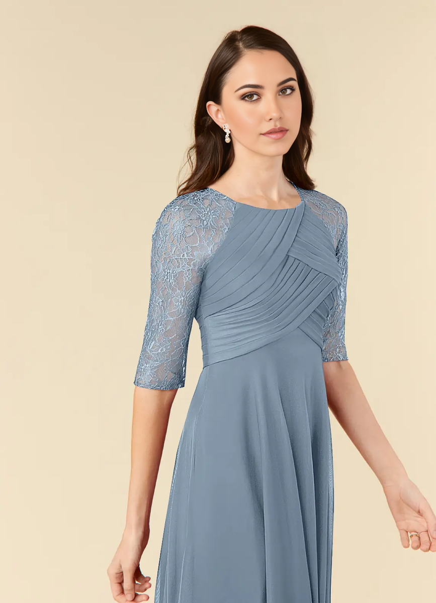 Wholesa A-Line Lace Tea Length Dusty Blue formal dresses evening dress