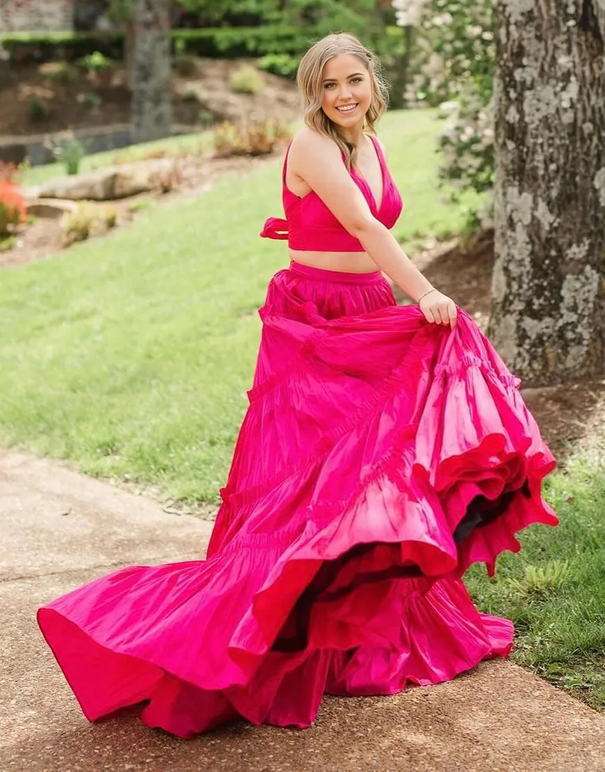 Pleated V-neck Cap Sleeve Ruffle Sheath Long Dress Fuchsia