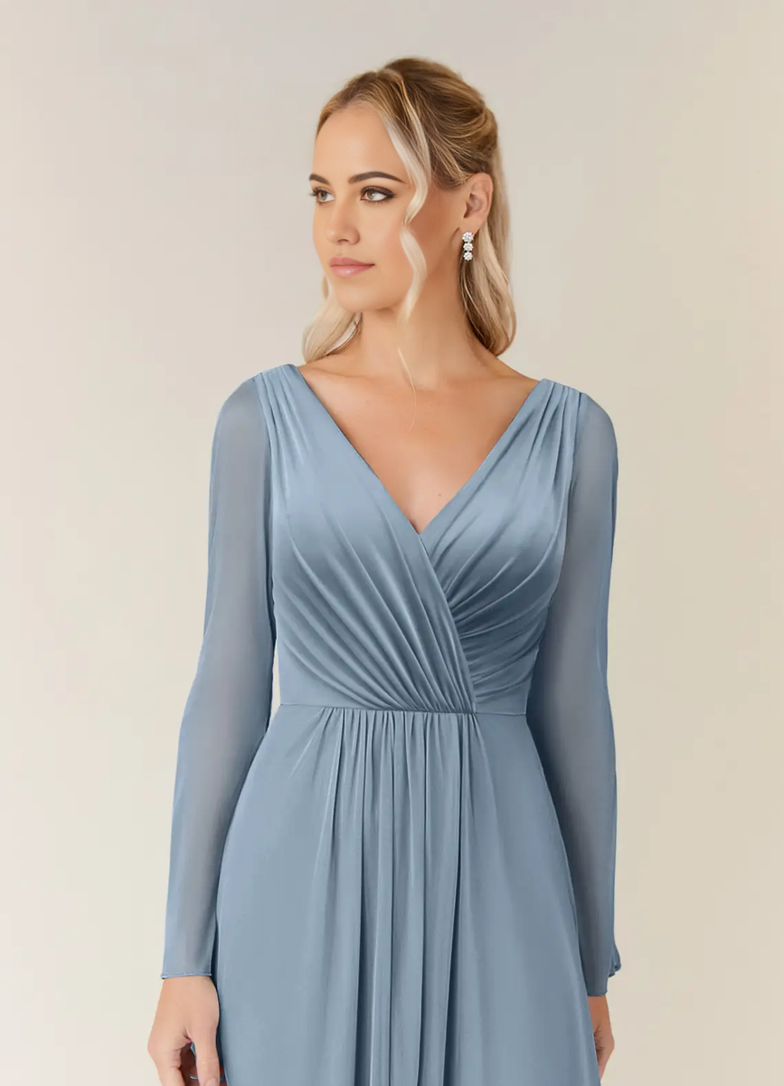 Wholesa A-Line V-Neck Long Sleeve Pleated Dusty Blue formal dresses ev