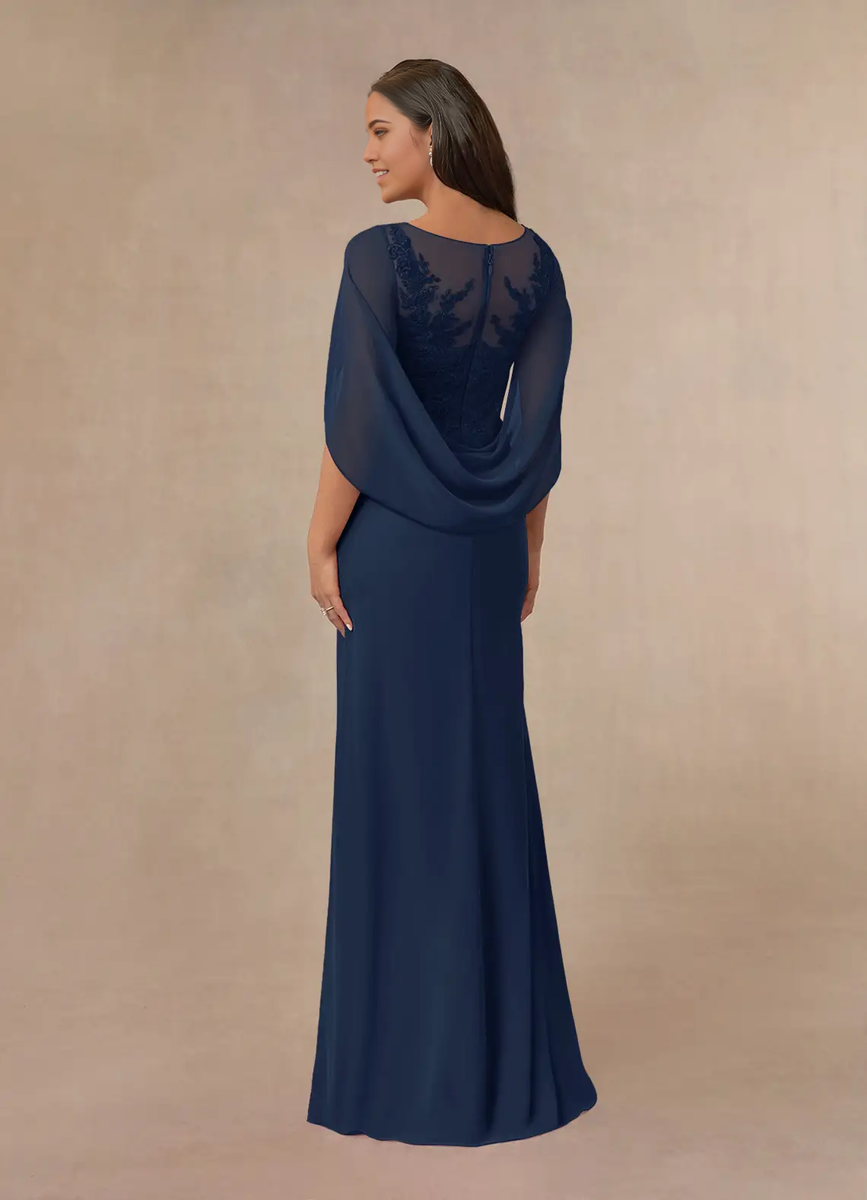 Chiffon Wrap-Front Beaded Long Sleeve Formal Dress Dark Navy