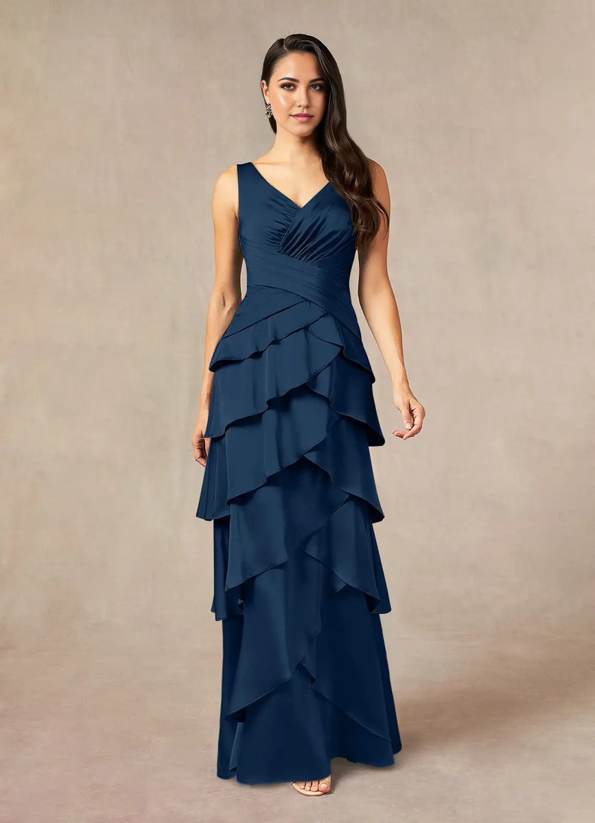 Formal Wear Dresses/Simple Dark Navy V-Neck Long Bridesmaid Dress