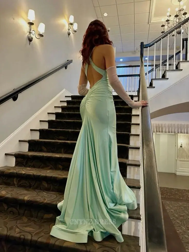 Wholesa Mermaid Straps Backless Mint Green Long formal dresses Bridesm