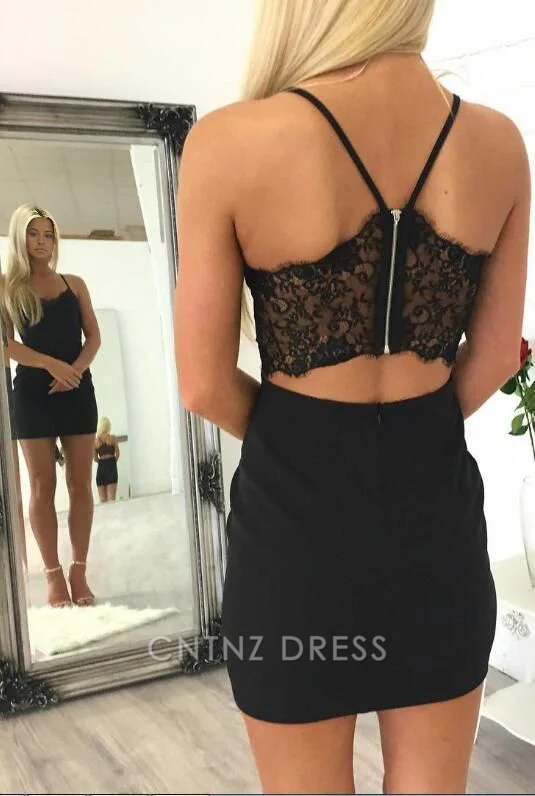 New Arrival Spaghetti Straps Black Lace Short Homecoming Dresses, HD0435