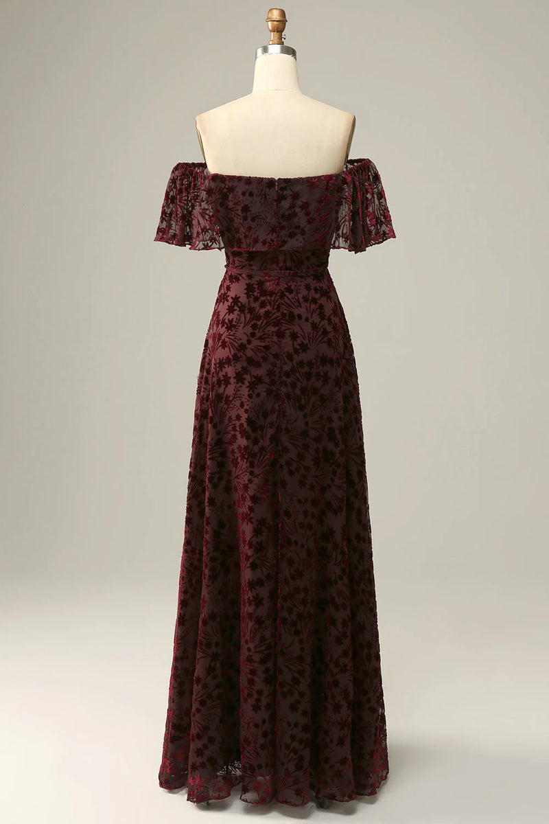 V-Neck Flowers Off the Shoulder A-Line Formal Evening Dress, DP2470