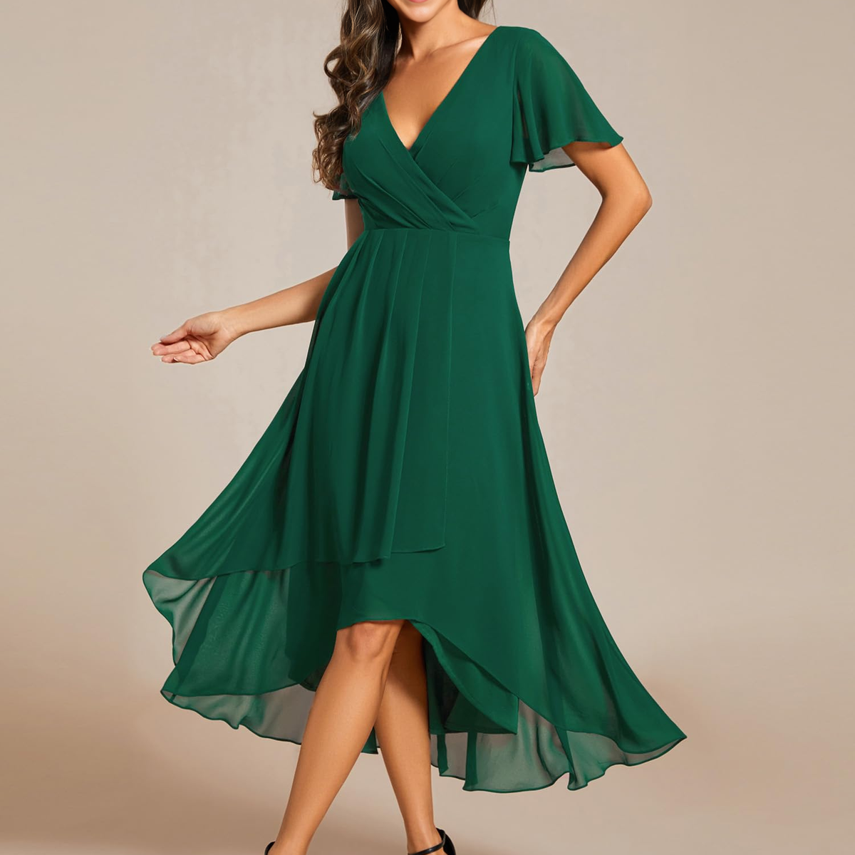 Solid V Neck A Line Ruffle Hem Pleated Dress