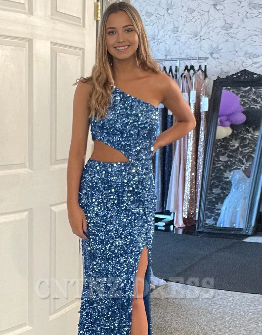 Sky Blue One Shoulder Ruffles Mermaid Formal Dress