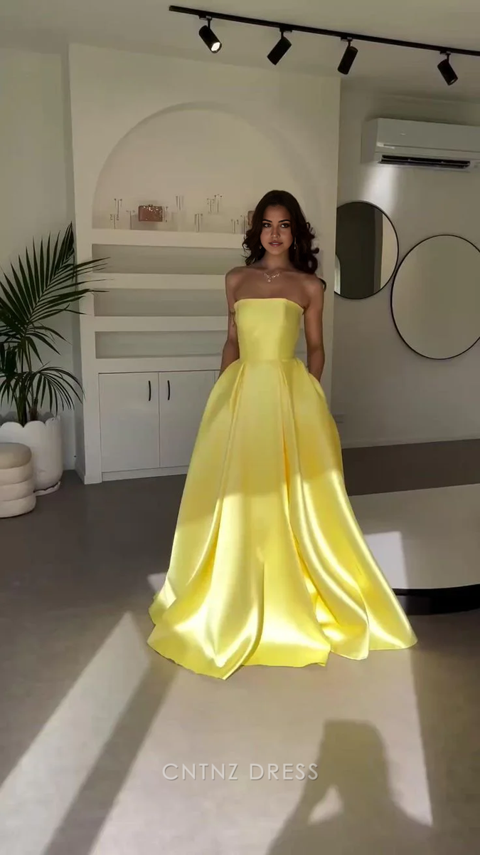 Unique Yellow Strapless Satin Flowers A Line Short Party Dress Formal Homecoming Dress main image 0