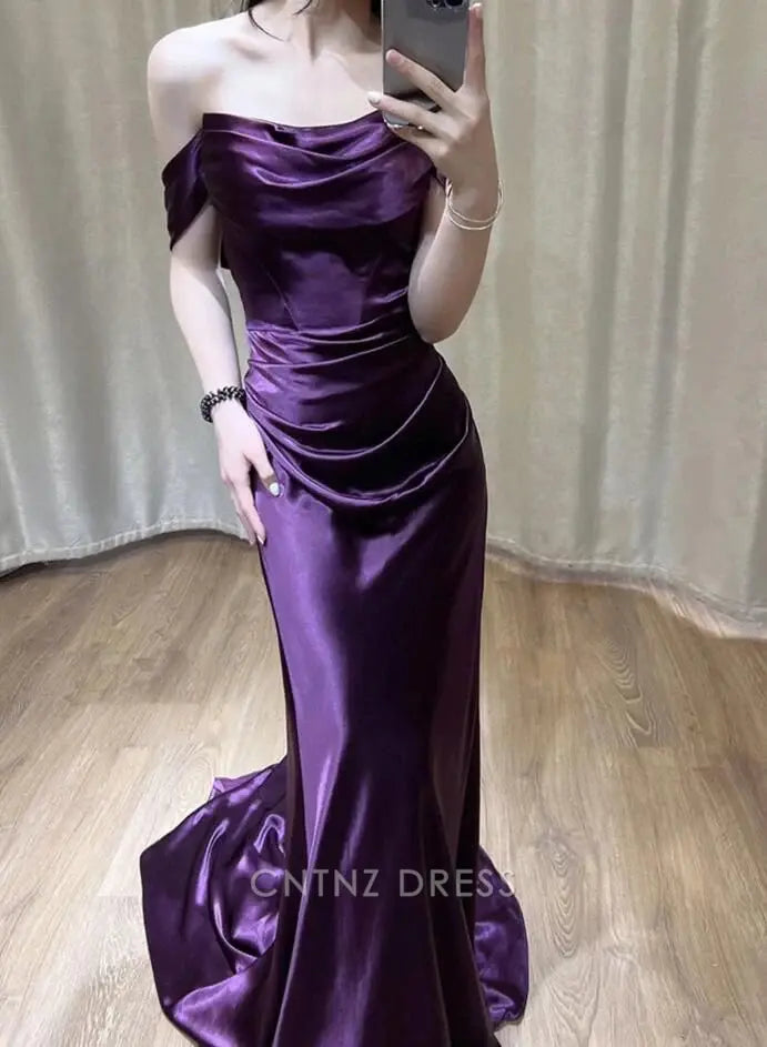 Purple Halter Lace Up Back Satin Mermaid Formal Party Dress,DP1359 main image 1