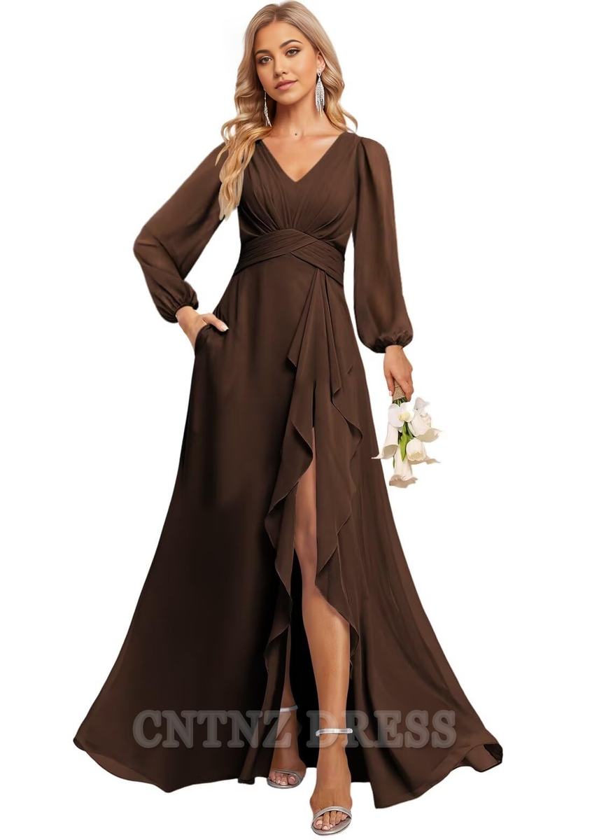 A Line Round Neck Floral Printed Long Sleeves Formal Dress main image 1