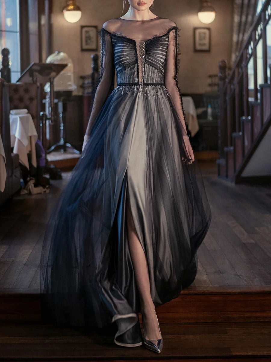 A-Line/Princess Scoop Long Sleeves Floor-Length Plus Size Mother of the Bride Dresses with Split Side, Ruffles & Sequins