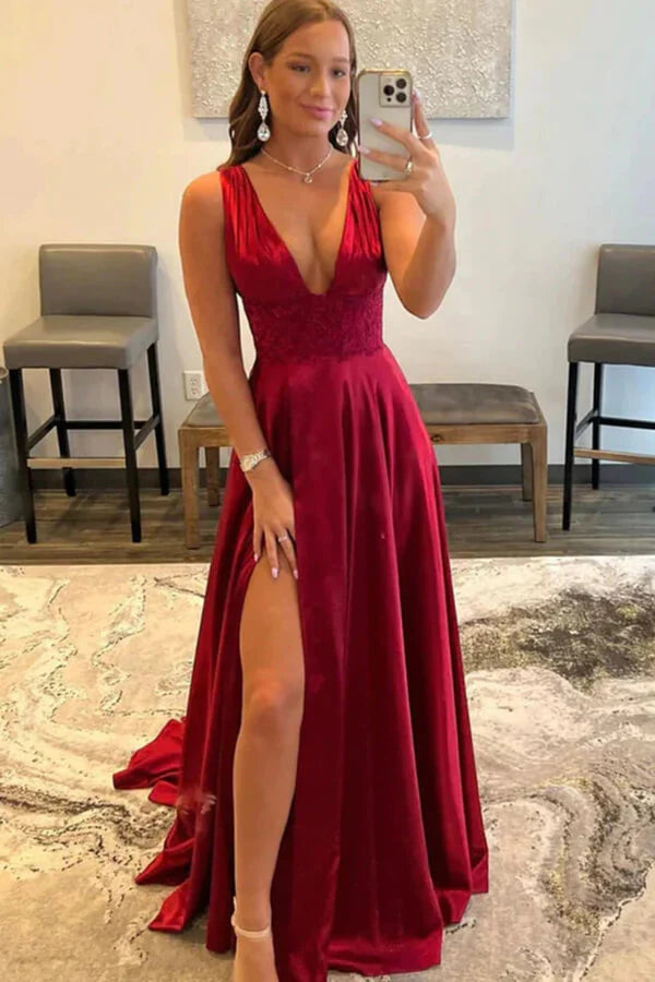 Shiny Soft Satin Flutter Sleeves V-Neck A-Line Maxi Prom Dress, PD01173