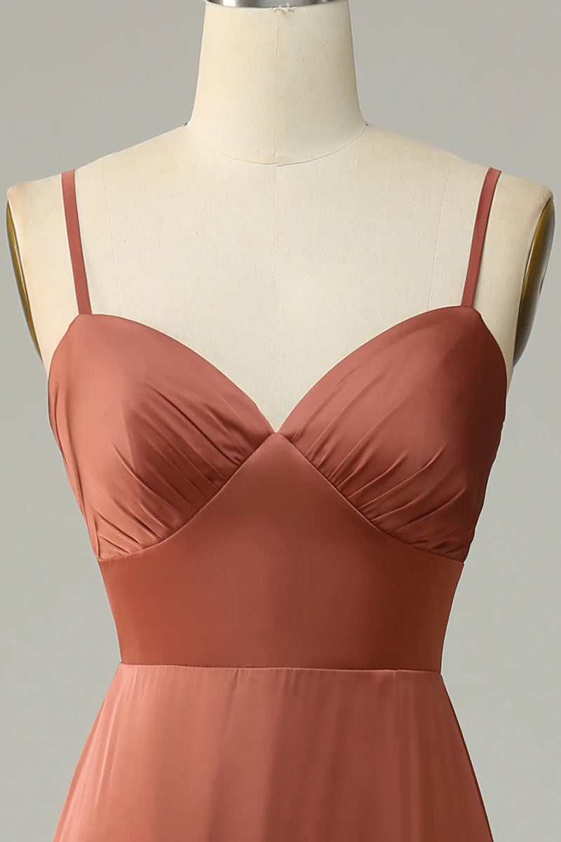Scoop Neck Spaghetti Straps Satin Bridesmaid Dress Pleats main image 1