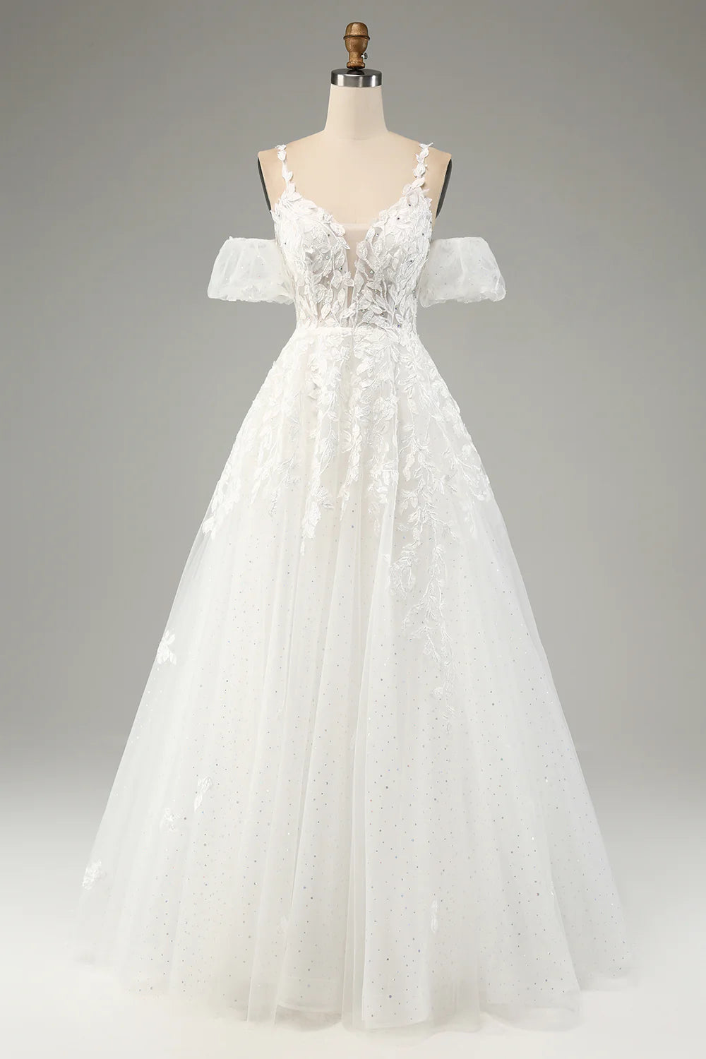 A-Line White Tulle Spaghetti Straps Beading Wedding Dress main image 1