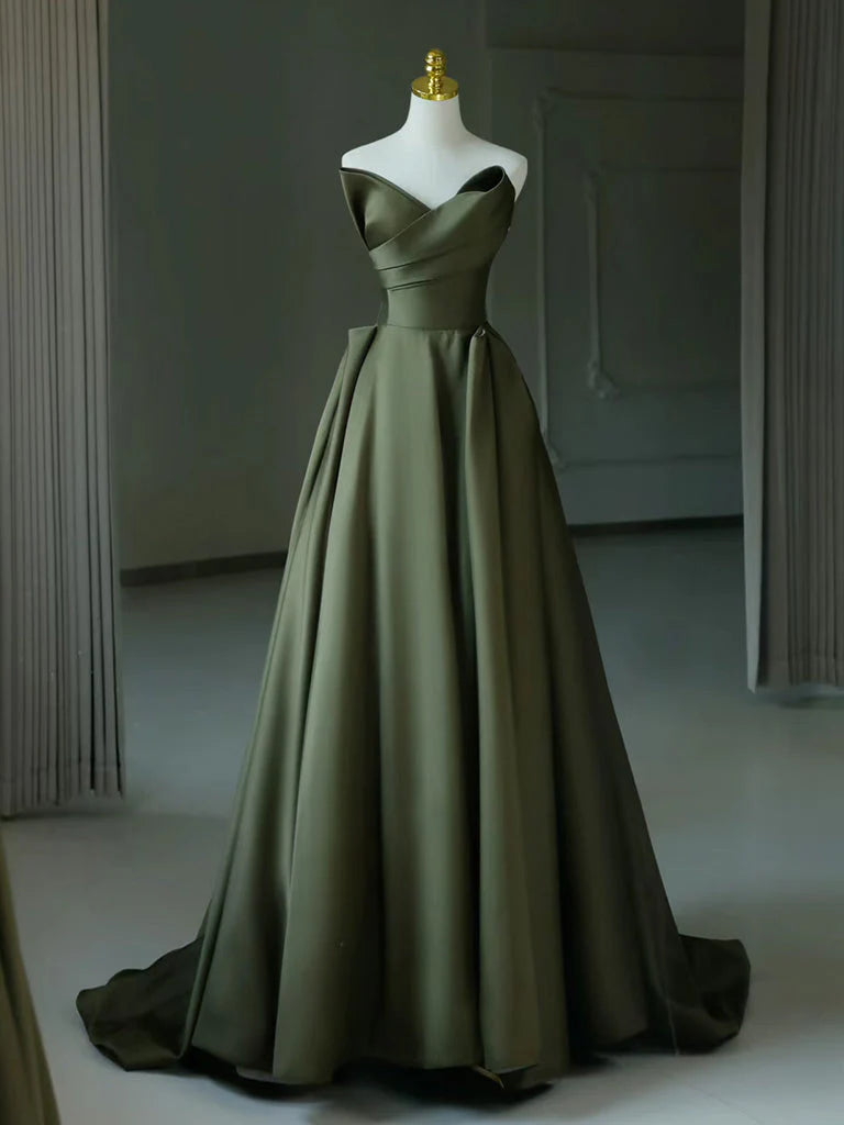 Long A Line V Neck Prom Dresses Satin Formal Evening Gowns