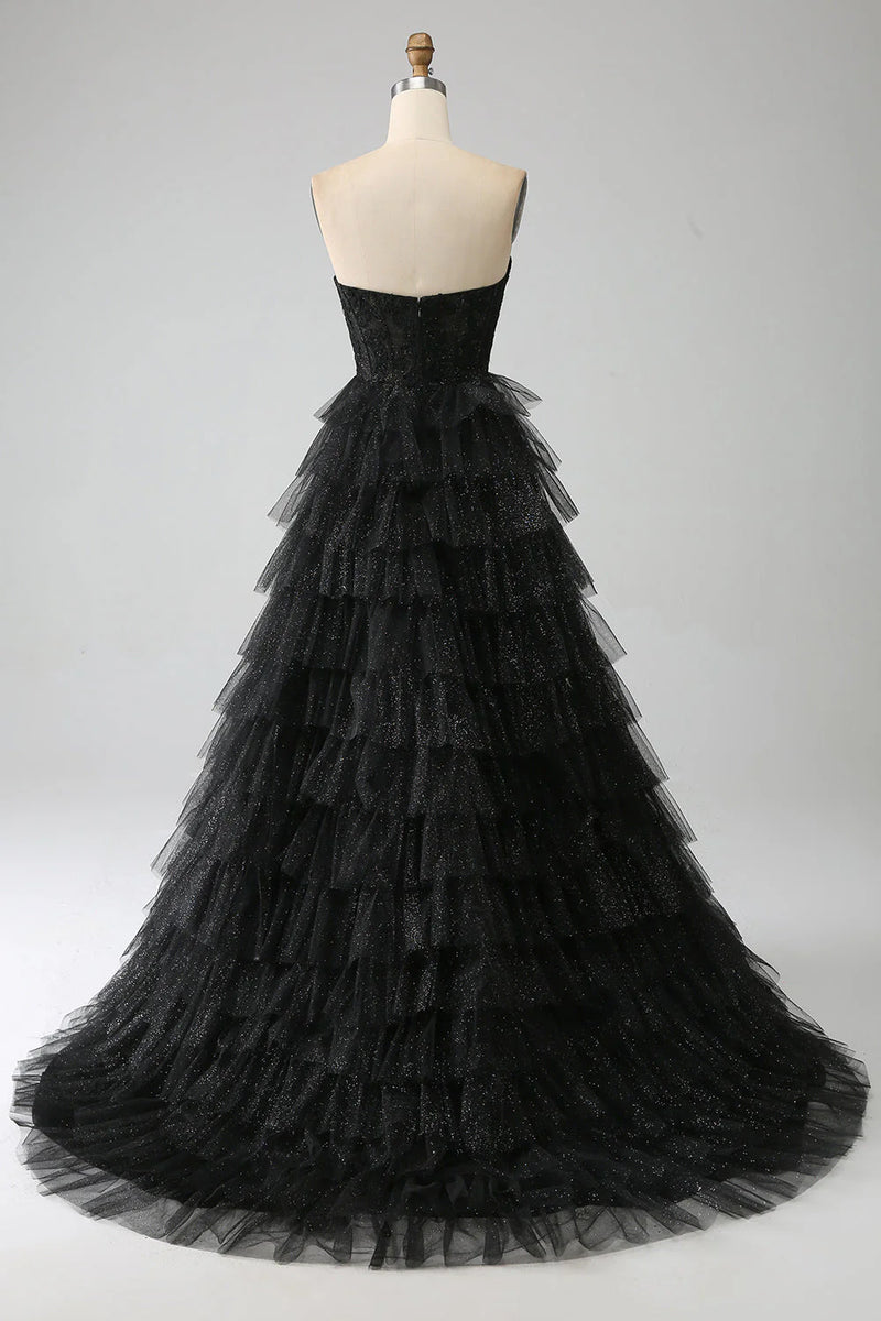 Glitter Sweetheart Corset Tulle Maxi Dress With Lace Appliques Slit