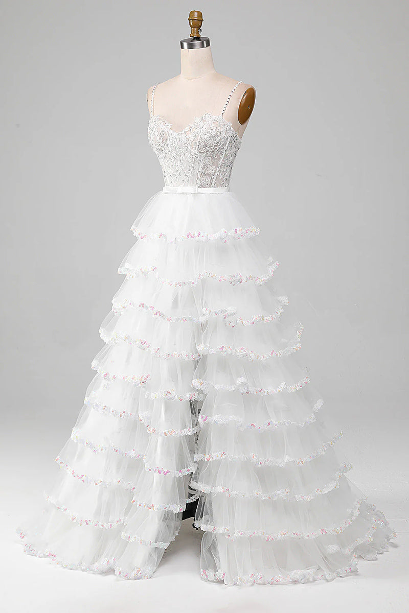Glitter Sequins Corset See Through Ruffle Tiered Long Prom Dress with Slit