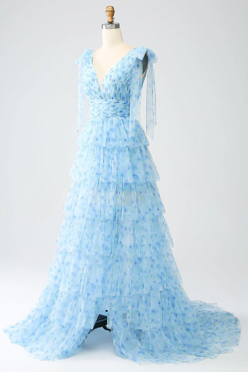 Cute A-Line V Neck Blue Tiered Tulle Long Prom Dresses with Slit VK24021403