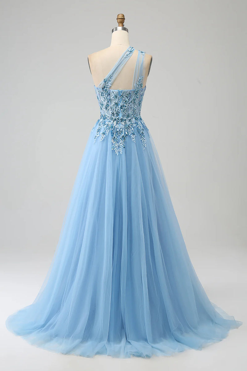 A Line One Shoulder Sequins Satin Prom Dress LBQ3794 main image 1