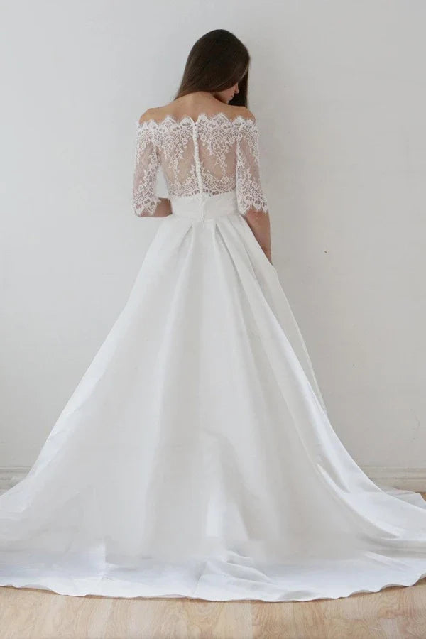 Two Piece Off Shoulder 3/4 Sleeve Lace Satin Bridal Dress
