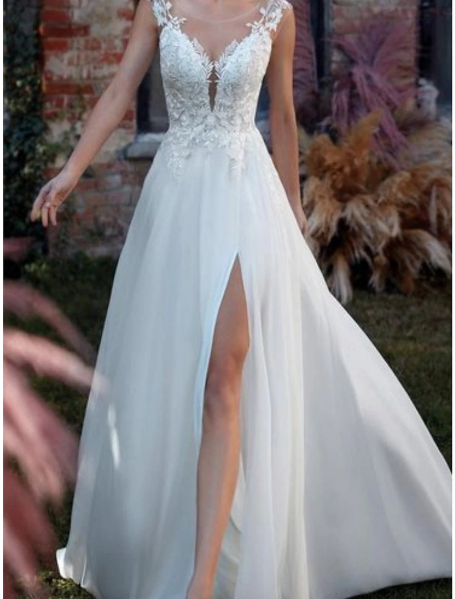 Wholesa Modest Deep V-neck Beach Open Back Bridal Gowns Wedding Dresses main image 1