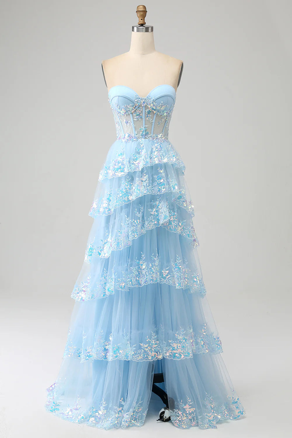 Adella | A-Line Tulle Blush Tiered Long Corset Strapless Prom Dress with Appliques