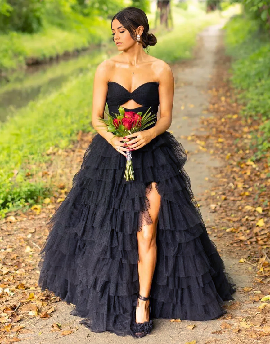 Wholesa A-Line Strapless Tiered Tulle Black Long formal dresses evenin ...