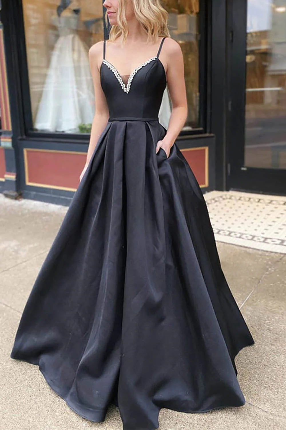Wholesa ALine Spaghetti Straps Satin Long Prom Dress with Pockets