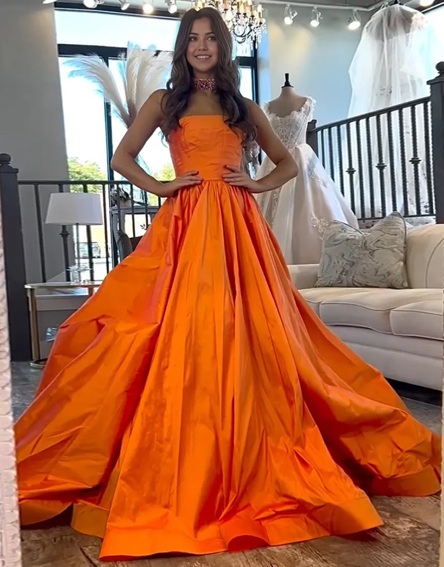 Wholesa A-Line Strapless Satin Long Orange formal dresses evening gown