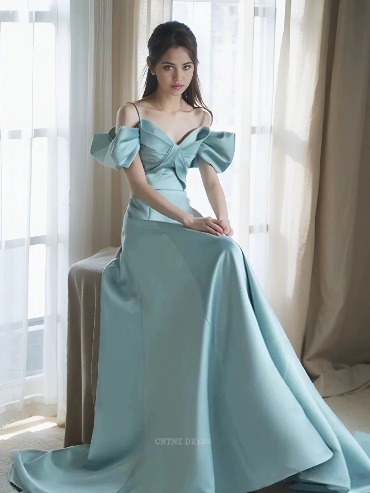 Simple A line Spaghetti Straps Light Blue Long Party Dress Slit Prom Dresses main image 1