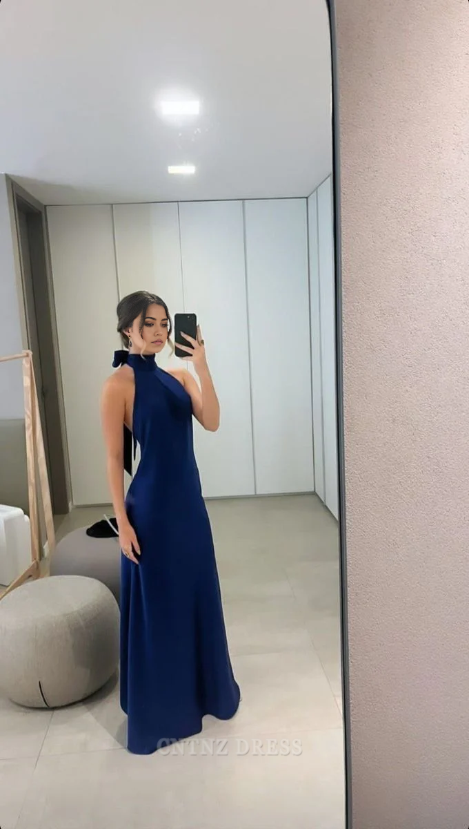 Elegant Navy Blue A-Line Halter Neck Satin Long Prom Dress Evening Dress cc5243 main image 1