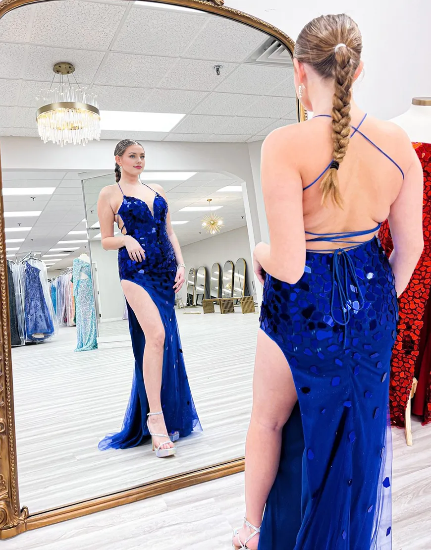 Wholesa Mermaid Sparkly Spaghetti Straps Mirrors Tulle Royal Blue Long ...