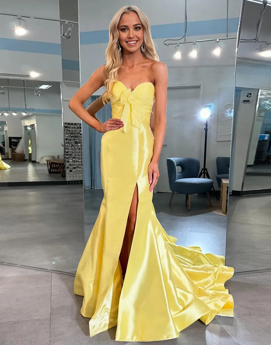 Wholesa Mermaid Strapless Bow Long Yellow formal dresses evening gown
