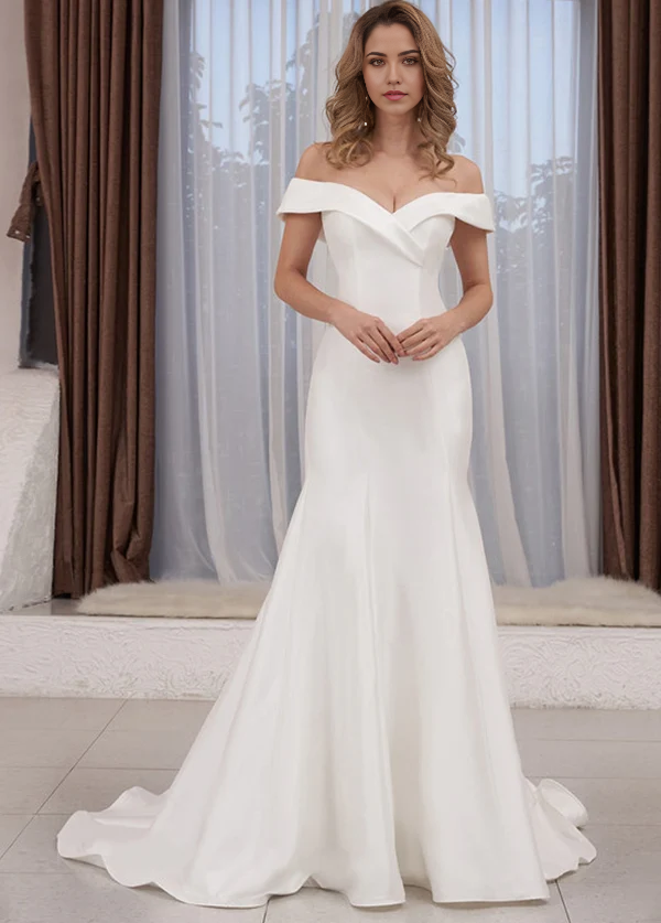 Wholesa Mermaid Off the Shoulder Satin Sleeveless SweepTrain Bridal D