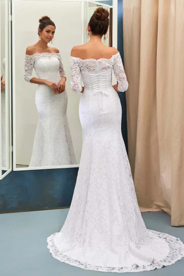 Wholesa Mermaid Off-the-Shoulder High Low Lace Wedding Dress with Long Sleeves