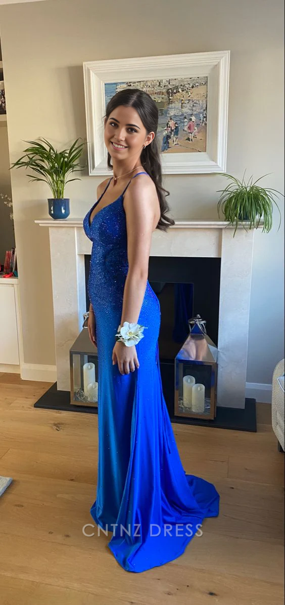 V-neck Spaghetti Straps Elegant Bridesmaid Dress Blue