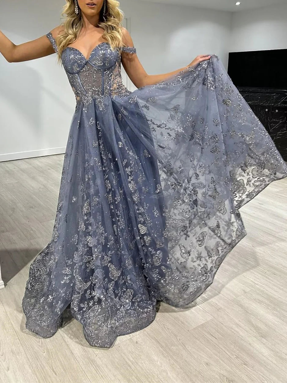 Wholesa A-line Sparkly Sweetheart Evening Gowns Prom Dresses With Slit