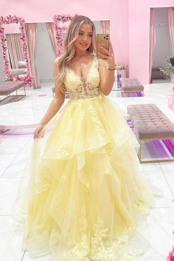 Wholesa Aline V Neck Tulle Lace Yellow Long Prom Dress Evening Dress