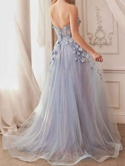 Wholesa A-Line Sweetheart Short Sleeves Floor-Length Long Prom Dresses With Flowers
