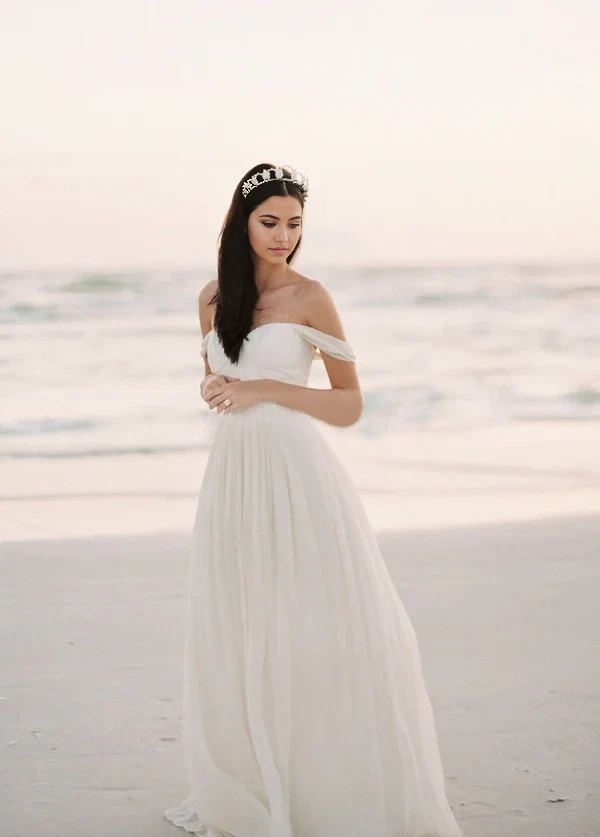 Beach Long A-line Chiffon Backless Wedding Dress with Sleeves
