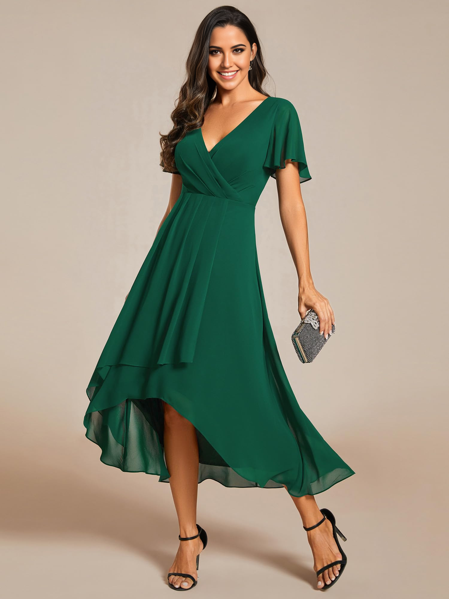 Ruffled V-Neck Long Sleeve A-Line Dress