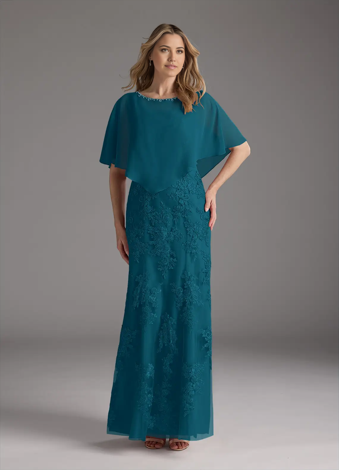 Crew Neck Lace Appliques Chiffon Mermaid Evening Maxi Dress Sleeveless Formal Dress