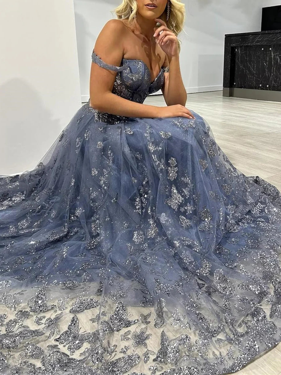 Romantic A-Line Sweetheart Spaghetti Straps Lace Up Back Floor-Length Sky Blue Lace Tulle Evening Dresses