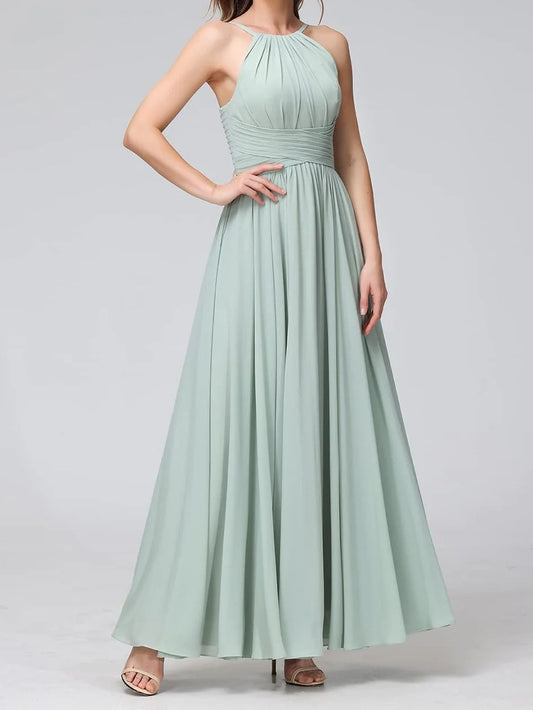 Wholesa A Line Spaghetti Straps Halter Sleeveless Floor-Length Bridesmaid Dresses