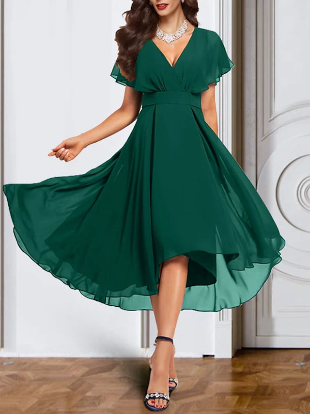 Mother Of The Bride Dresses Jade Green A Line Chiffon V Neck Ruffle Sleeves Appliques Waist High Low Mother Of The Bride Dresses