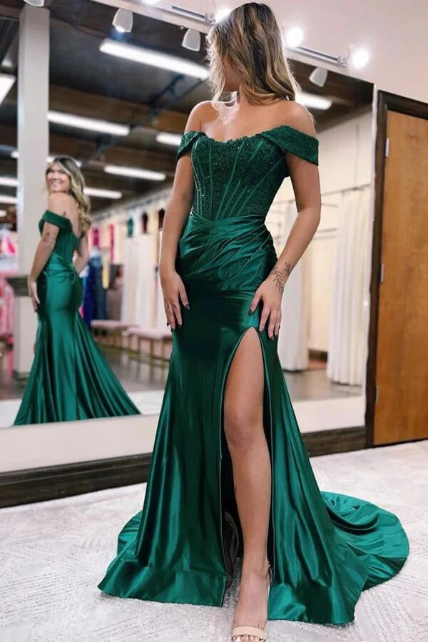 Chic Mermaid Off The Shoulder Satin Lace Long Prom Dress,Formal Evening Dress C6018