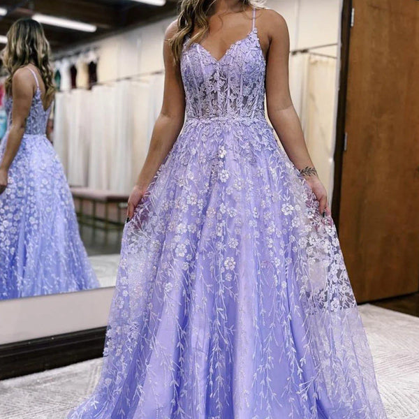 Wholesa A-line Spaghetti Princess Strap Lavender Prom Dress with Applique