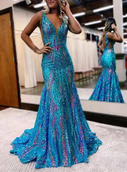Wholesa Mermaid V-Neck Sleeveless Floor-Length Long Prom Floral Dresses With Sequins